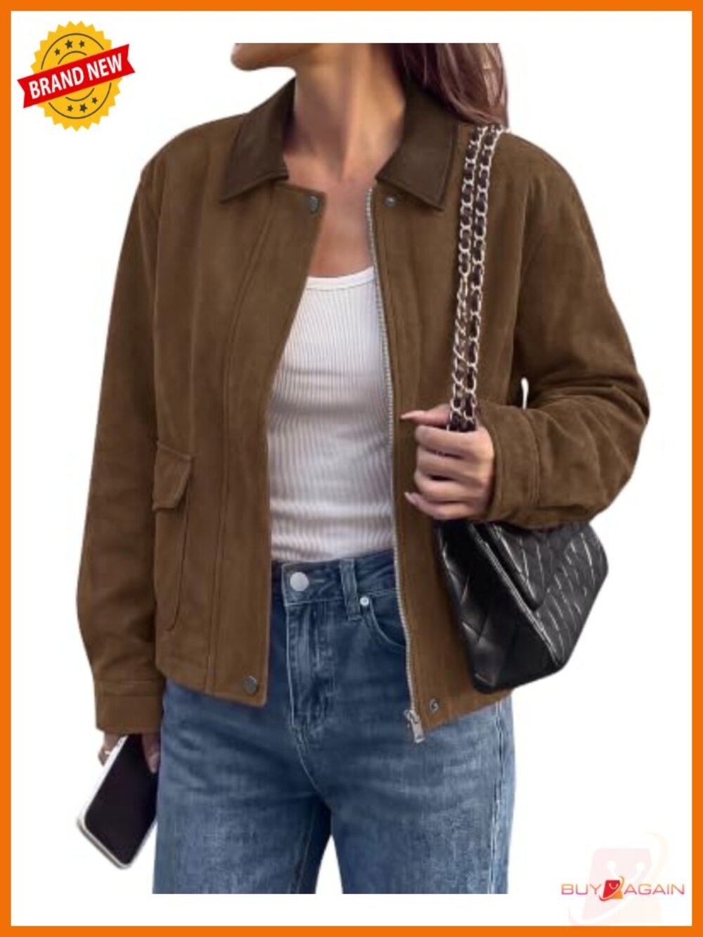 Faux Suede Faux Leather Jacket Zip Up Button Moto Biker Fall Winter Women